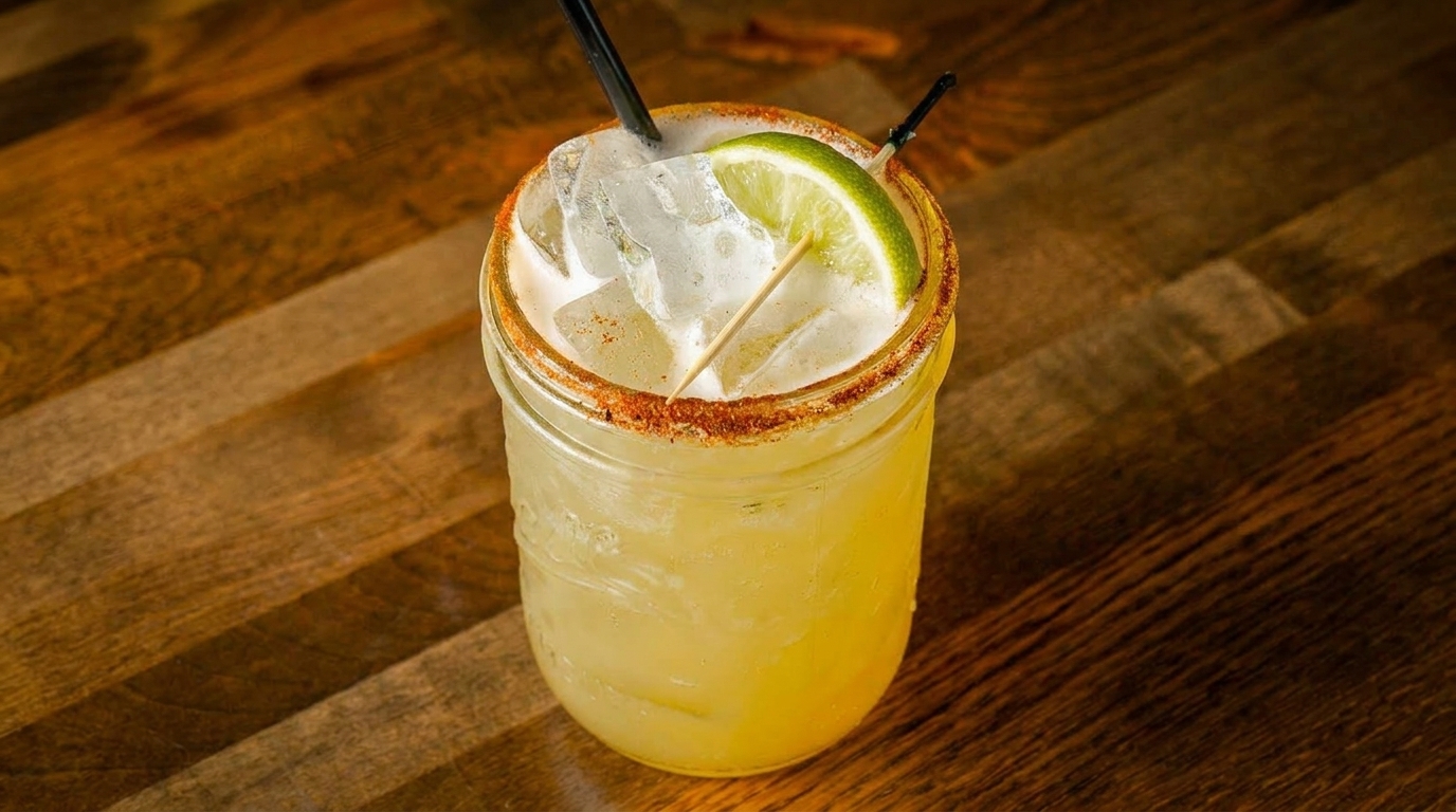 A margarita in a mason jar with a chili-lime rim, ice, a lime wedge, and two straws.