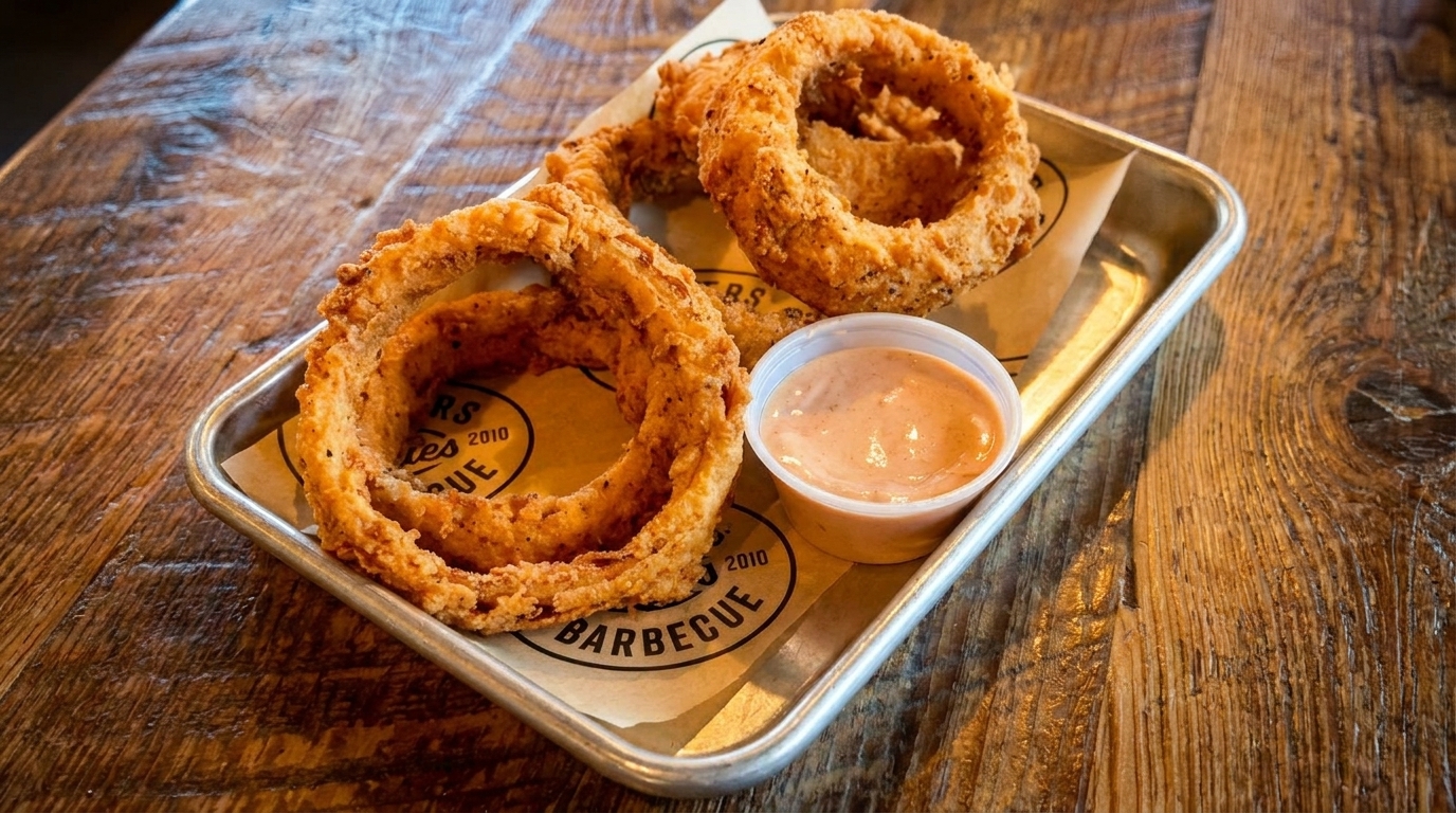 Crispy golden onion rings and a side of dipping sauce on a metal tray with branded paper.