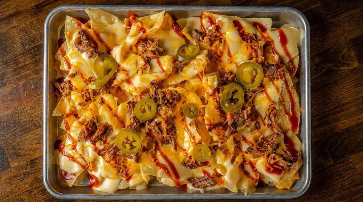 Loaded nachos with melted cheese, pulled pork, barbecue sauce, and jalapeños in a metal tray.