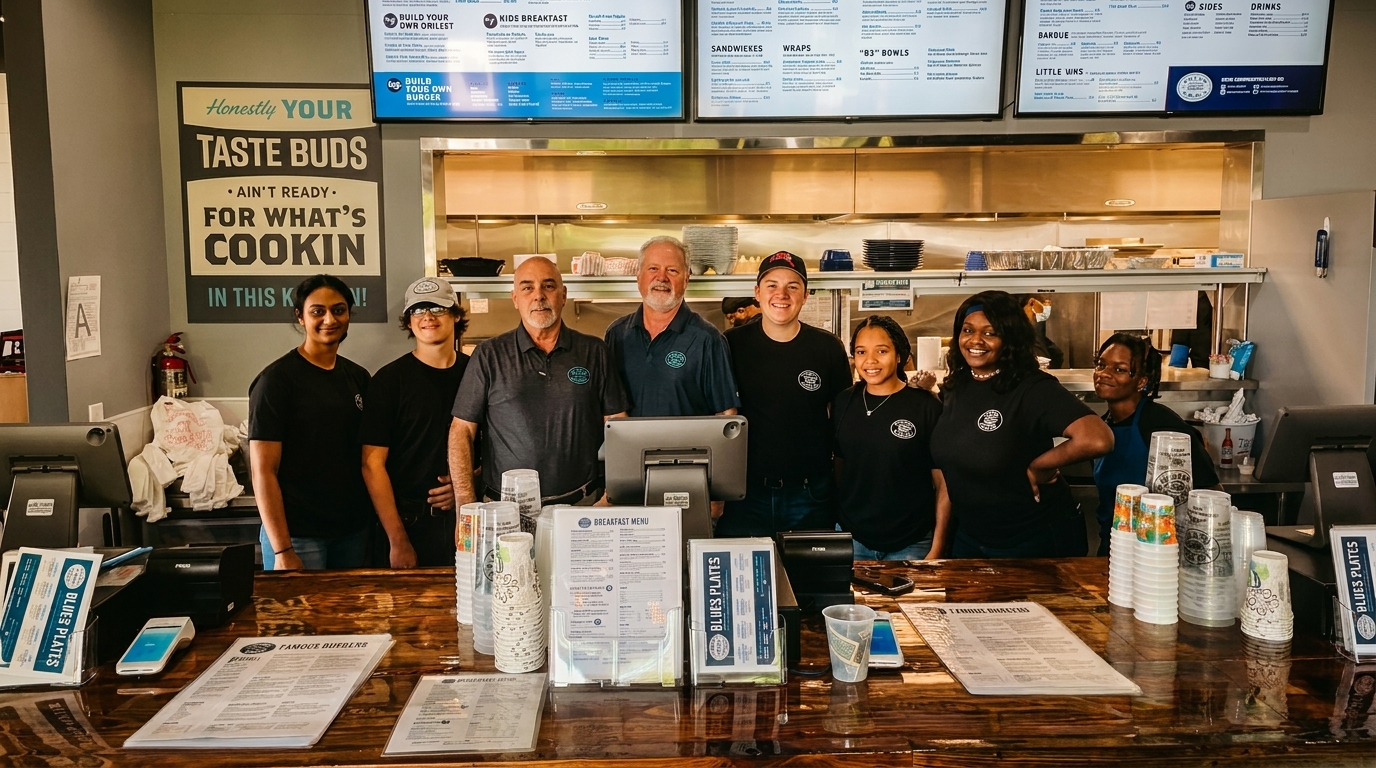 Seven smiling restaurant staff members stand behind a counter with menus and cups.