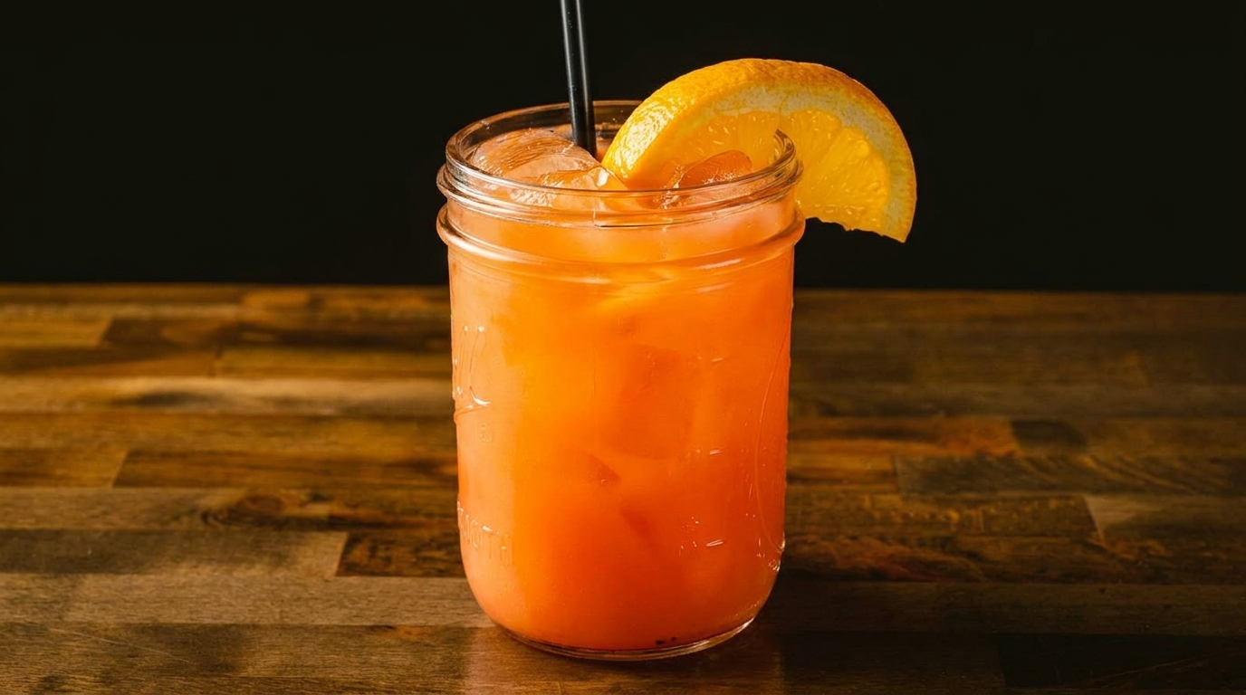Orange cocktail in a mason jar with ice, a black straw, and an orange slice garnish.