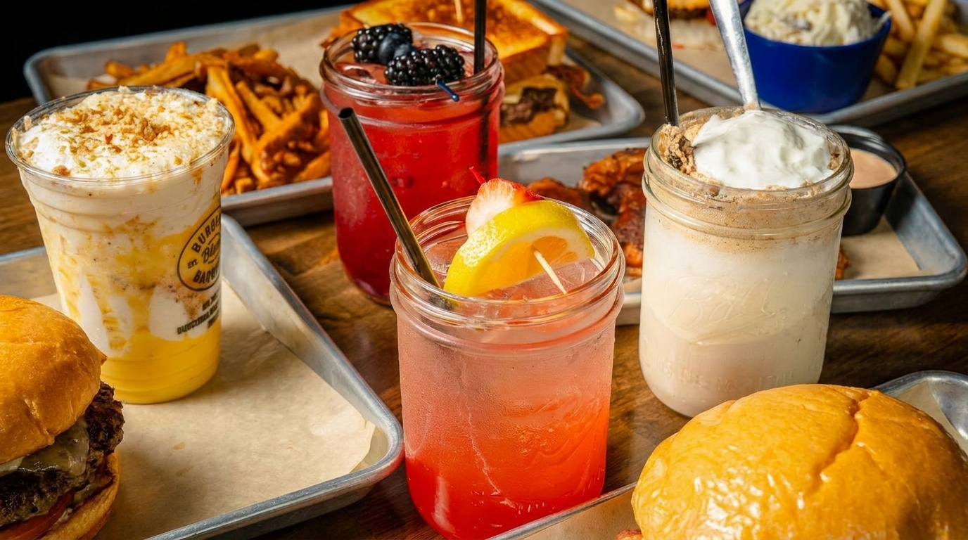 Assortment of colorful drinks, milkshakes, and burgers on metal trays with fries and coleslaw.