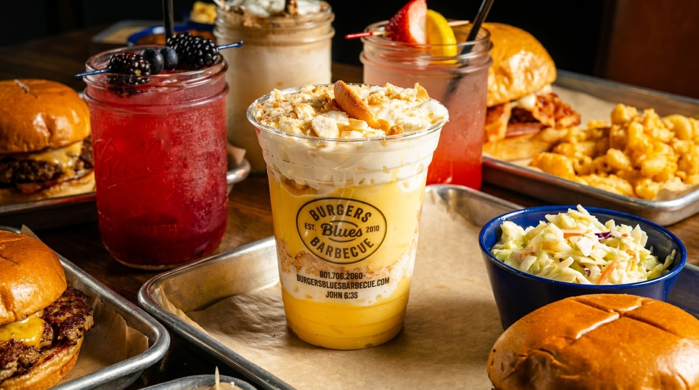 Burgers, drinks, mac and cheese, coleslaw, and banana pudding from Burgers Blues Barbecue.