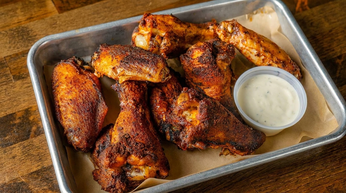 Crispy, seasoned chicken wings and drumsticks with a side of ranch dressing in a metal tray.