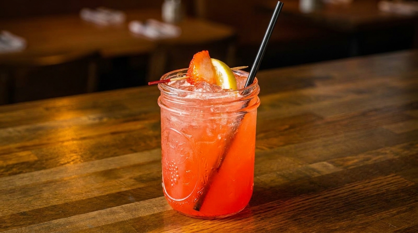 Pink cocktail in a mason jar with a strawberry, lemon, and black straw on a wooden table.