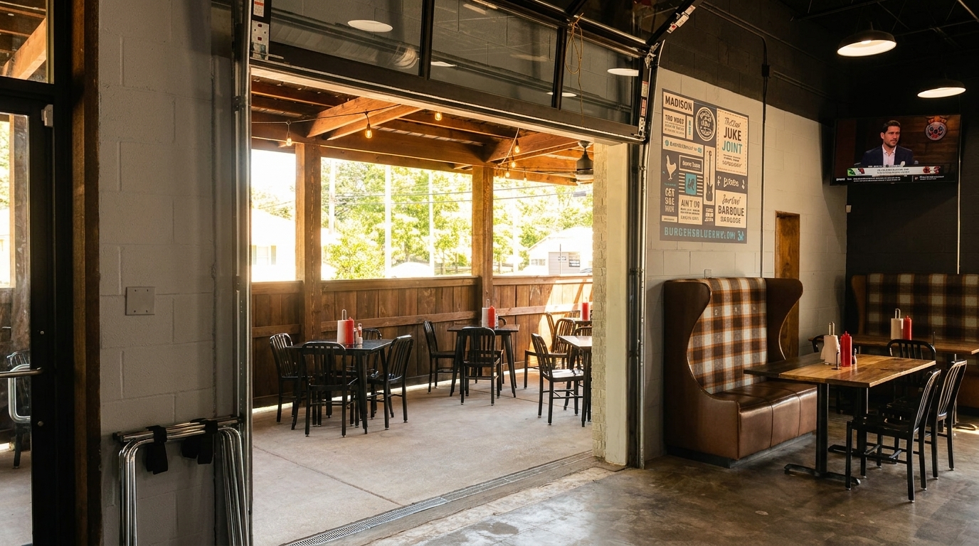 Restaurant interior with a large open garage door leading to an outdoor patio with tables.