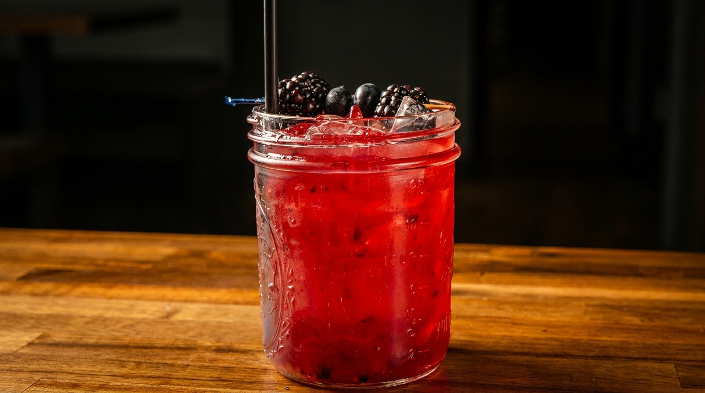 Red berry cocktail in a mason jar with blackberries, blueberries, and a straw on a wooden table.