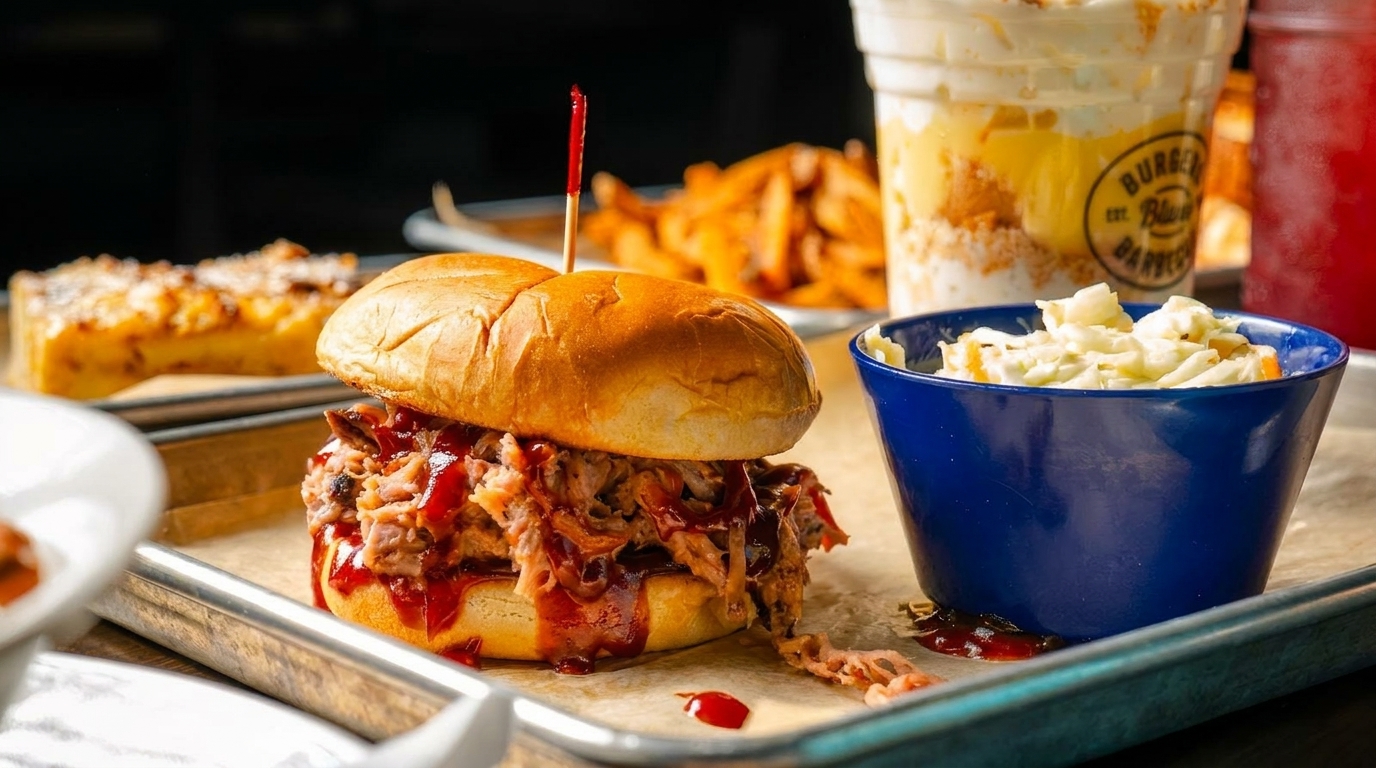 Pulled pork sandwich with BBQ sauce, coleslaw, and a side of mac and cheese on a tray.