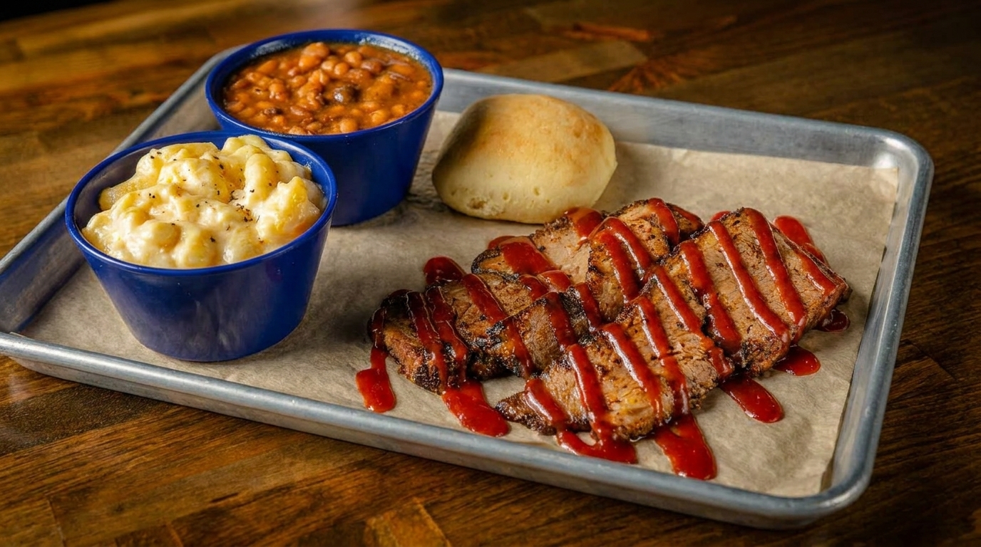 Barbecue brisket with sauce, mac and cheese, baked beans, and a roll on a metal tray.
