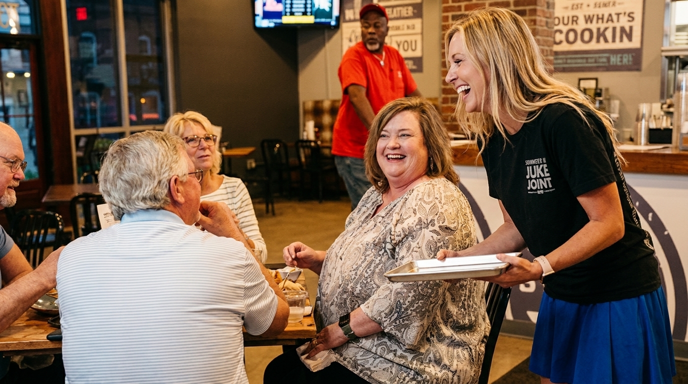 A server in a black shirt and blue skirt laughs with customers at a restaurant table.