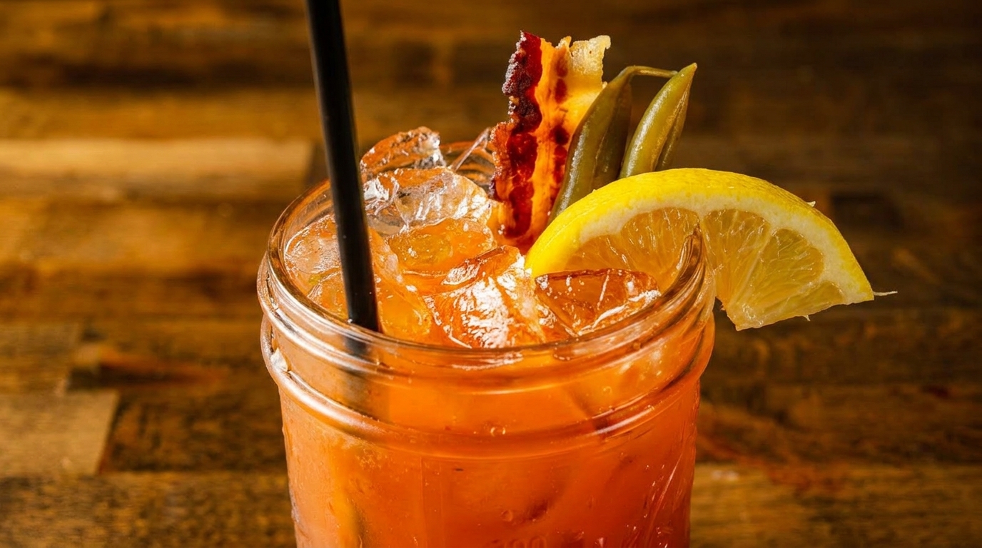Close-up of a Bloody Mary cocktail in a mason jar, garnished with bacon, pickled green beans, and a lemon slice.