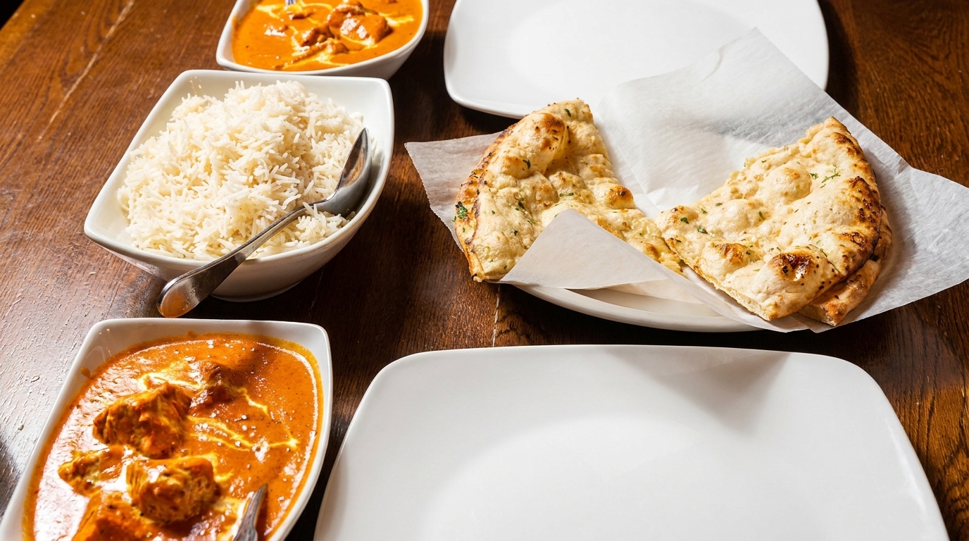 Indian dishes on a wooden table, including two bowls of curry, rice, and naan bread.