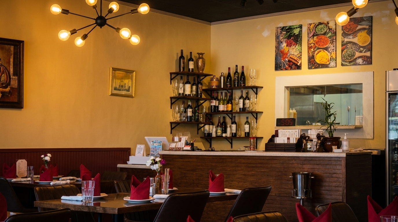 A restaurant dining room with tables set with red napkins, a bar, and wine bottles on shelves.