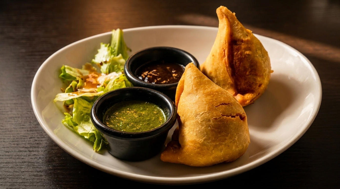Two golden-brown samosas with green chutney, dark sauce, and a side salad on a white plate.