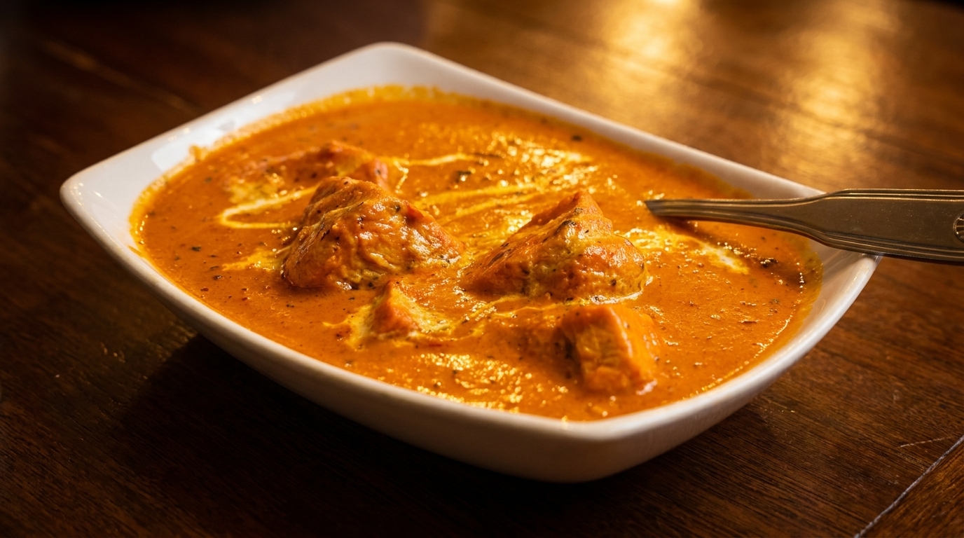 Close-up of a white bowl filled with orange chicken tikka masala, garnished with cream swirls.