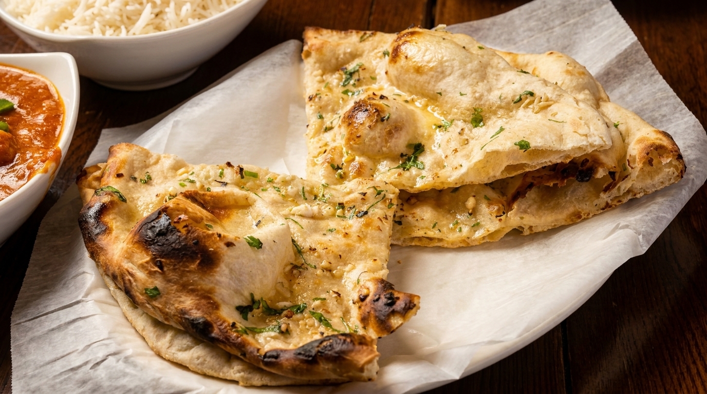 Golden-brown garlic naan bread, garnished with herbs, served on white paper with rice and curry.