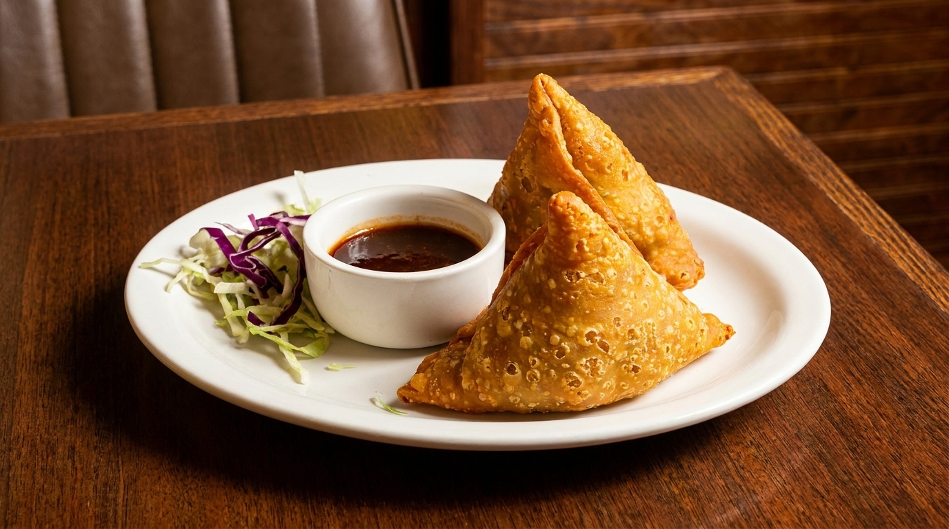 Two golden-brown samosas with a side of dark dipping sauce and shredded cabbage on a white plate.