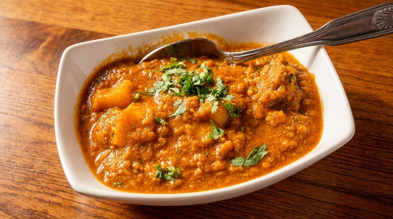 A white bowl of orange curry with potatoes and cilantro, with a spoon, on a wooden table.