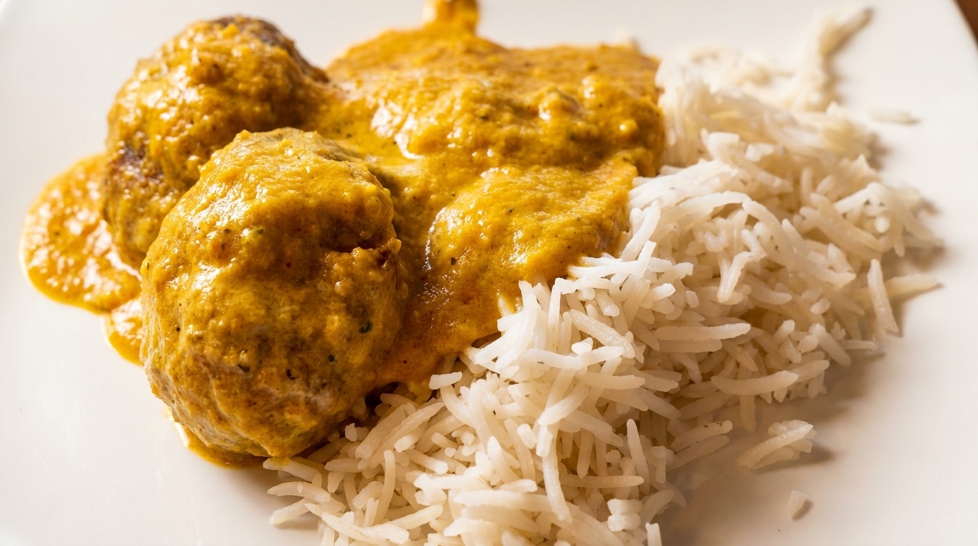 Malai Kofta, Indian cheese and vegetable dumplings in a rich, creamy sauce, served with basmati rice.