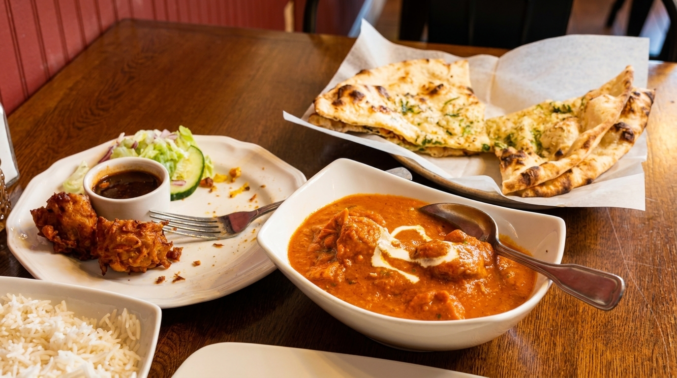 Indian food spread with butter chicken, naan bread, rice, pakoras, and salad on a wooden table.
