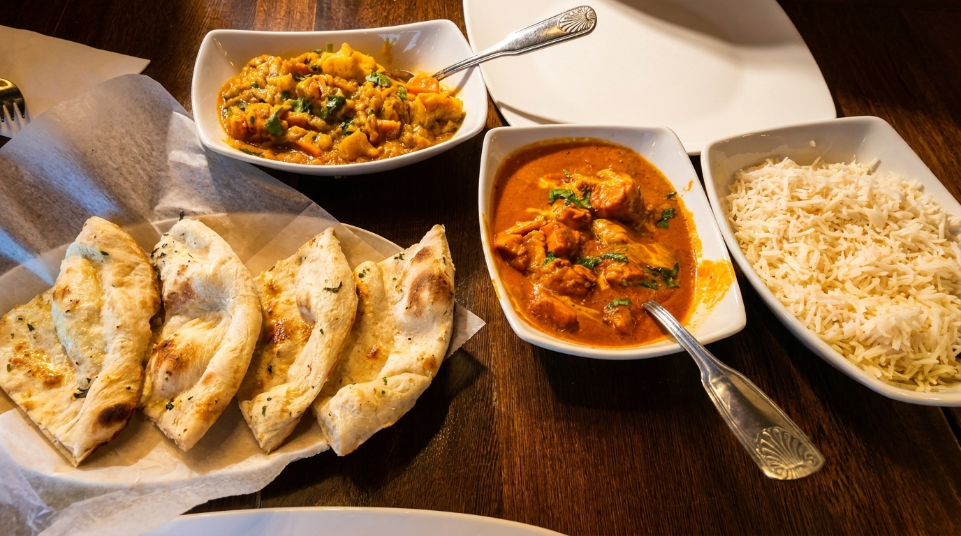 Indian meal with naan bread, chicken tikka masala, vegetable curry, and basmati rice.