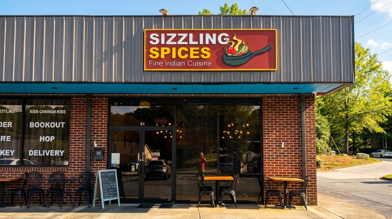 The exterior of Sizzling Spices, an Indian restaurant, with a sign, brick facade, and outdoor seating.