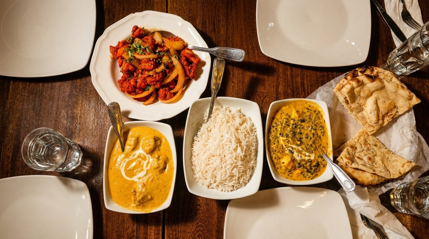Overhead view of an Indian feast with butter chicken, rice, palak paneer, chili chicken, and naan.