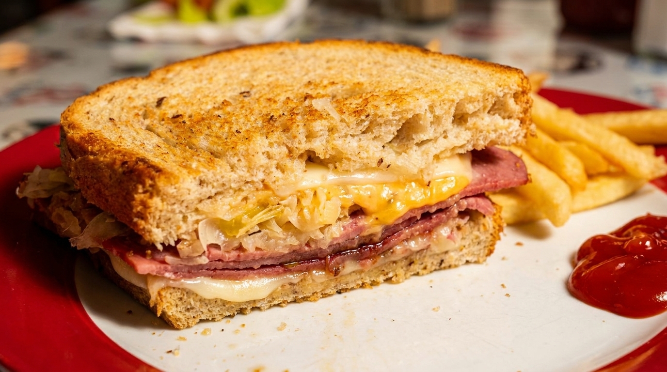 A toasted sandwich with meat, cheese, and sauerkraut, served with fries and ketchup on a red-rimmed plate.