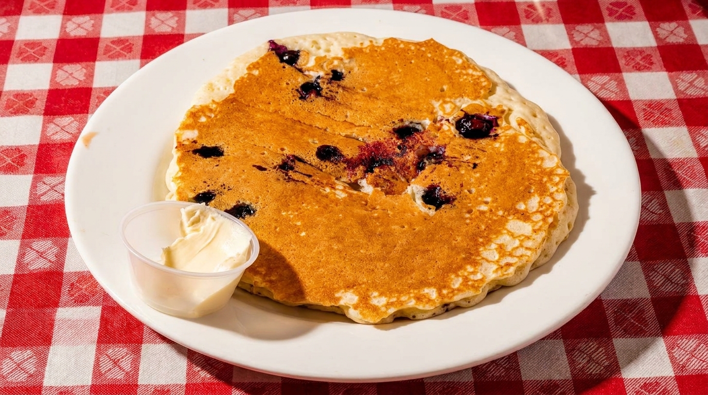 A blueberry pancake with a side of butter on a white plate, on a red and white checkered tablecloth.