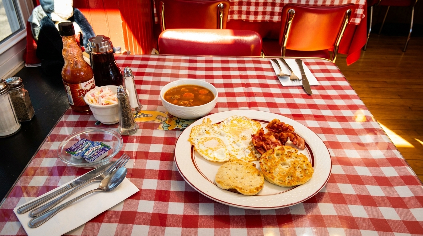 A diner breakfast with fried eggs, bacon, biscuits, and soup on a red and white checkered tablecloth.