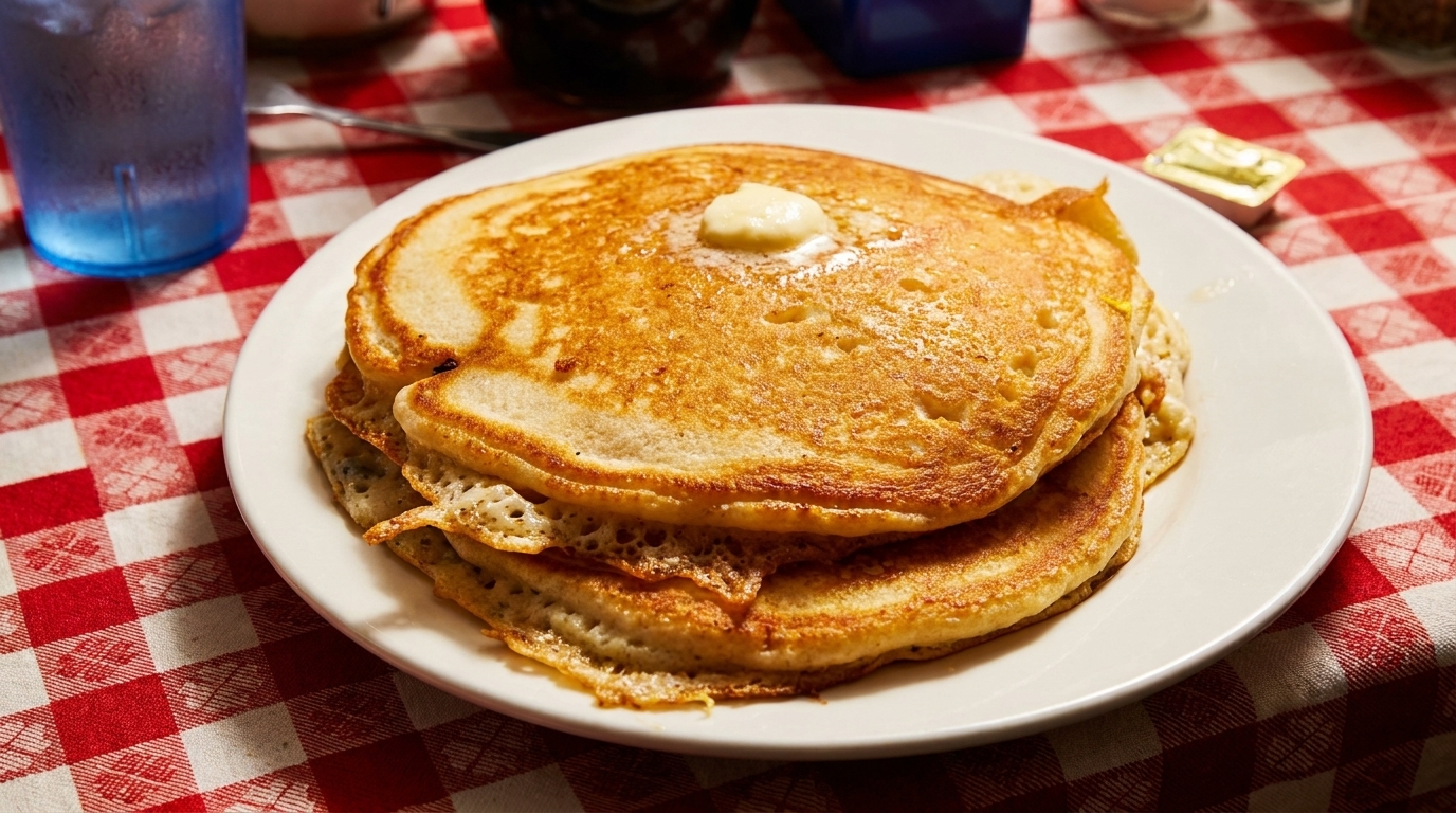 Stack of golden pancakes with melting butter on a white plate, on a red and white checkered tablecloth.