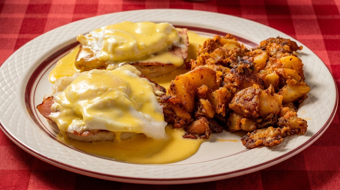 Eggs Benedict with hollandaise sauce and a side of crispy home fries on a white plate.