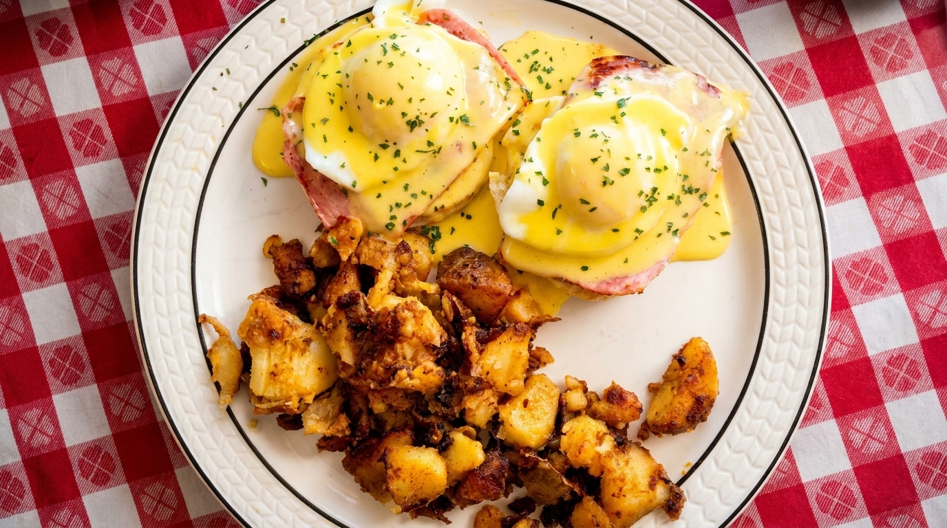 Two eggs Benedict with hollandaise sauce and a side of crispy home fries on a white plate.