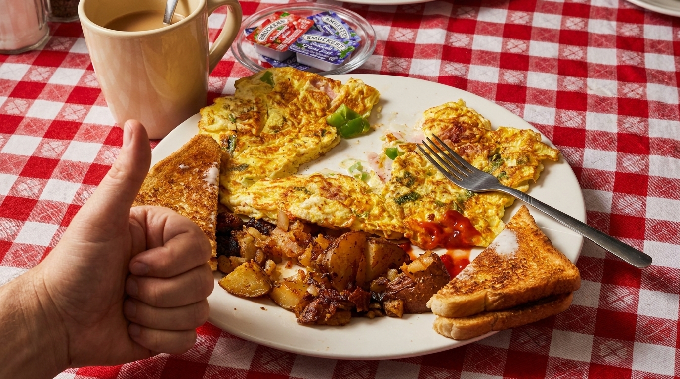 A hand gives a thumbs-up next to a breakfast plate with omelets, home fries, and toast.