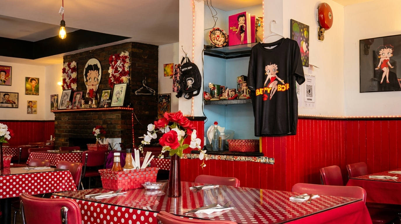 A Betty Boop-themed diner with red and white polka dot tablecloths and red booths.