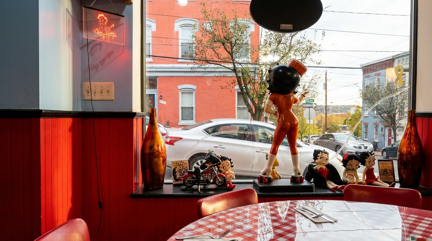Restaurant interior with Betty Boop figurines on a window sill overlooking a street scene.