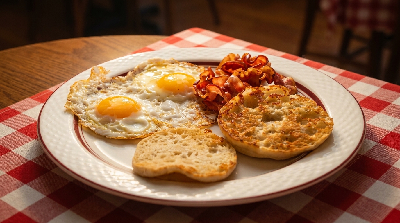 Breakfast plate with two fried eggs, crispy bacon, and toasted English muffins on a red checkered tablecloth.