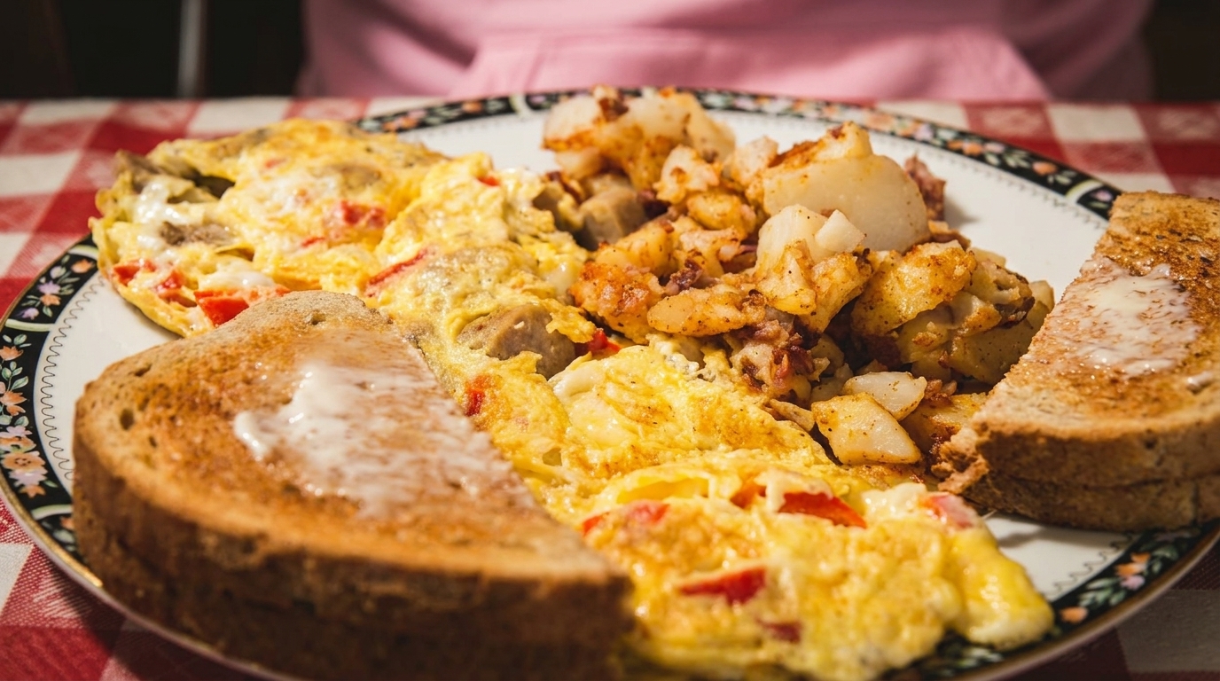 A breakfast plate with a fluffy omelet, crispy home fries, and buttered toast on a checkered tablecloth.