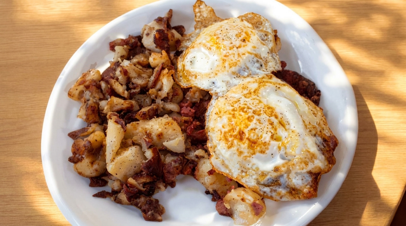 A white plate holds two fried eggs with crispy edges and a side of corned beef hash.