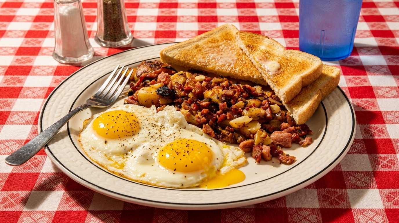 A diner breakfast of two fried eggs, corned beef hash, and buttered toast on a red checkered tablecloth.