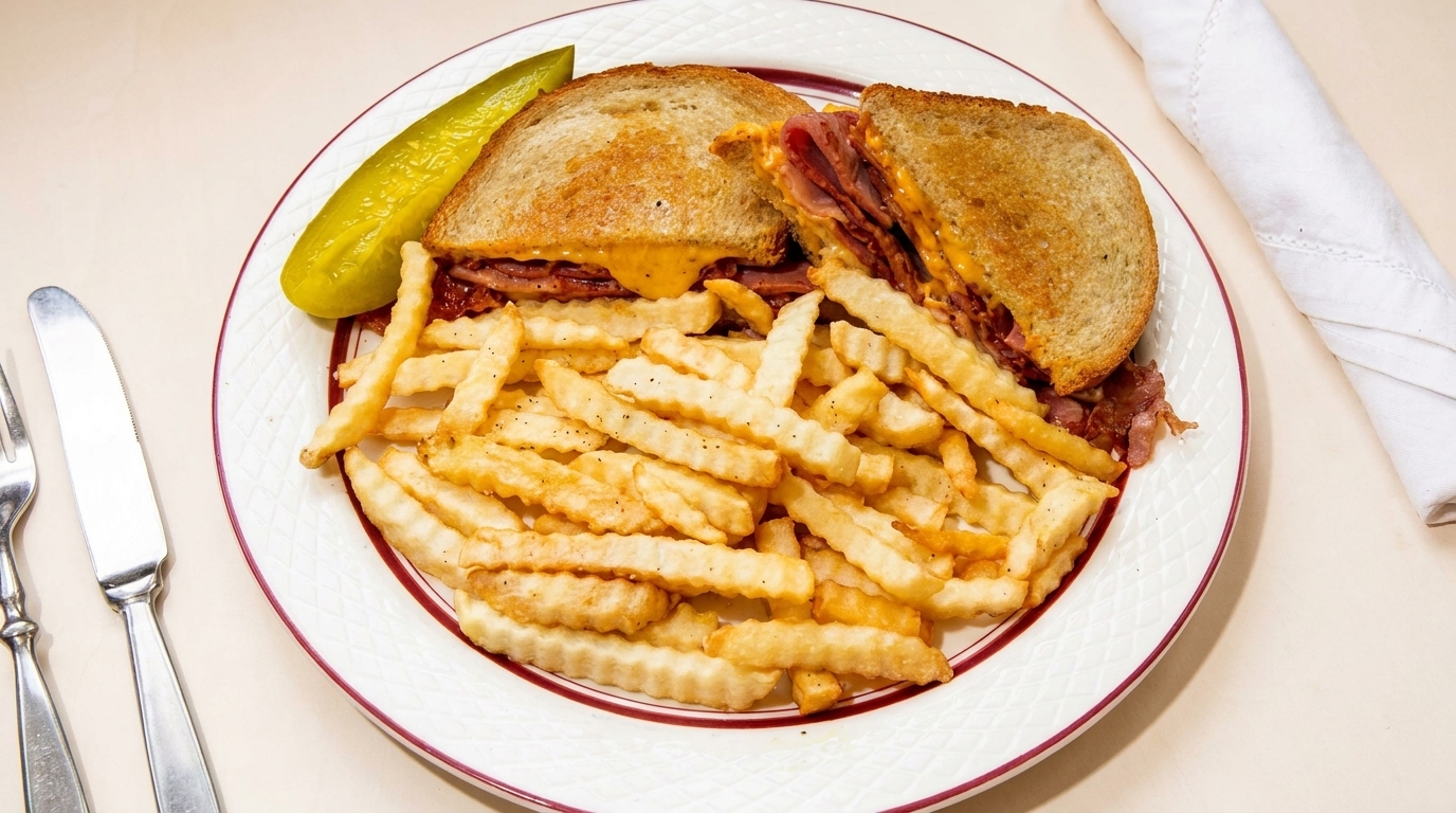 A grilled sandwich with melted cheese and meat, crinkle-cut fries, and a pickle spear on a white plate.