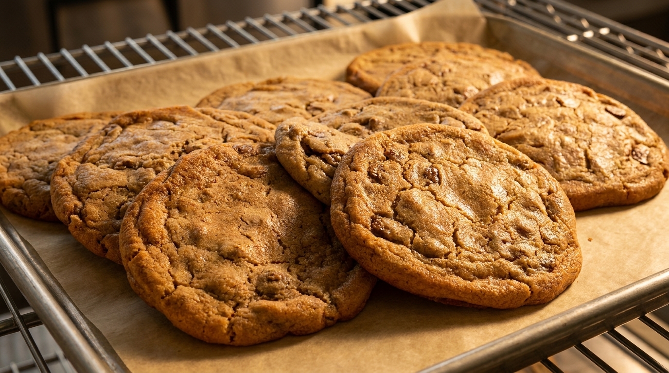 Freshly baked chocolate chip cookies on a parchment-lined baking sheet, cooling on a wire rack.