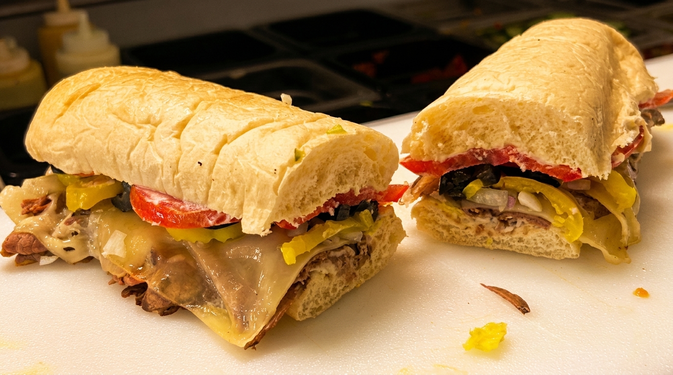 Two hearty submarine sandwiches, one cut in half, filled with meat, melted cheese, and vegetables.
