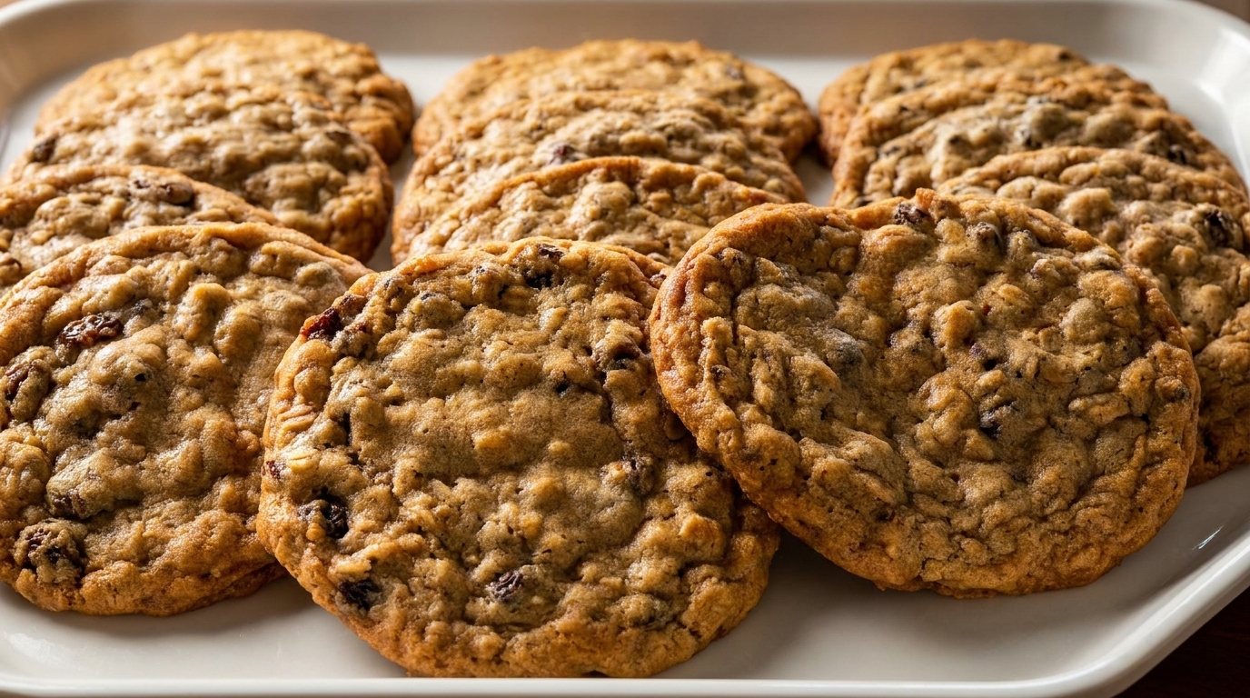 A white platter filled with rows of freshly baked oatmeal raisin cookies.