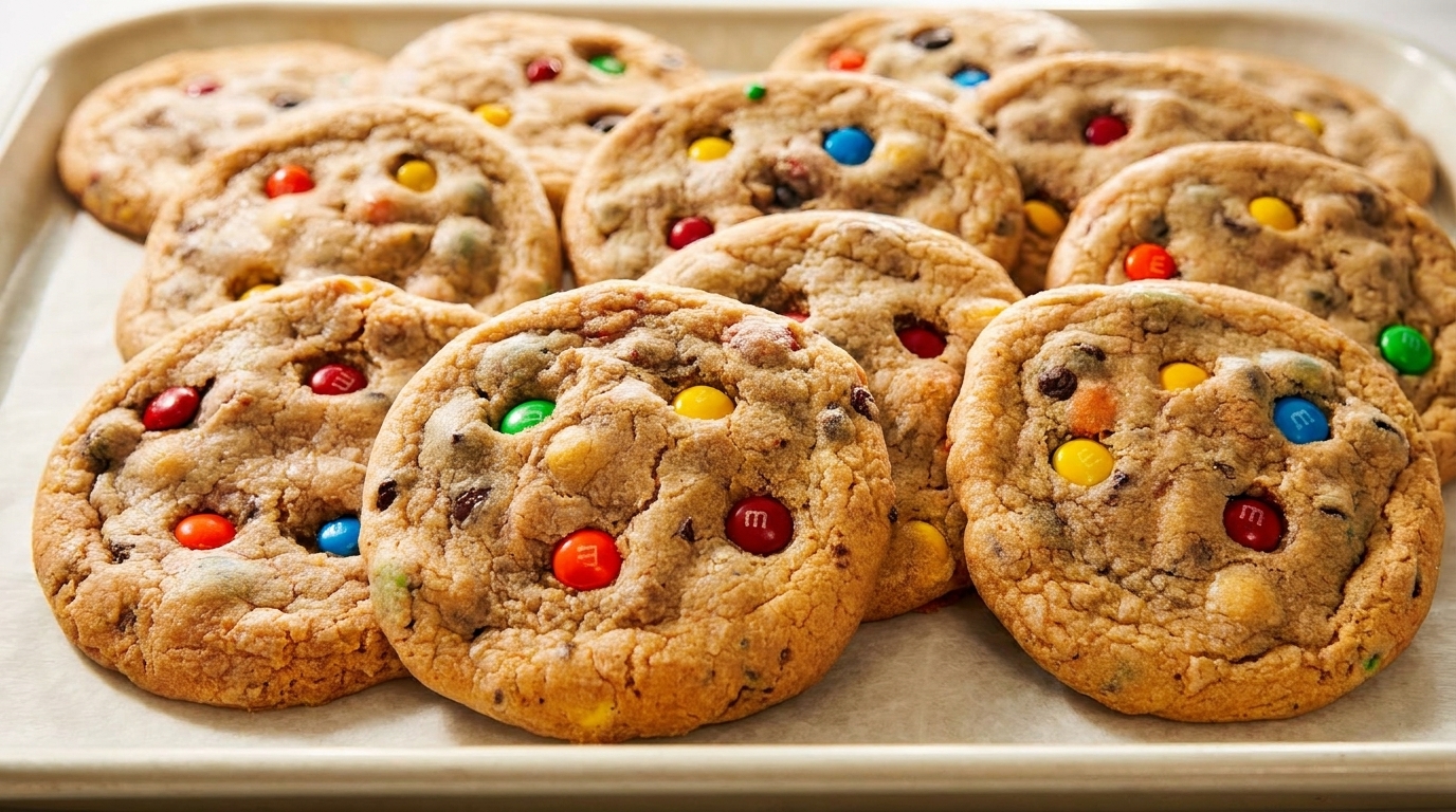 A tray of freshly baked M&M cookies with colorful candies visible on top.