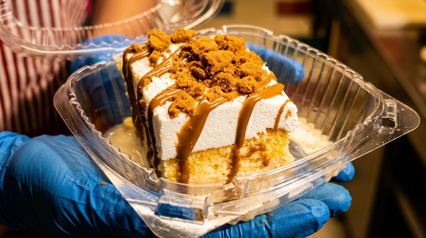 Hands in blue gloves holding a clear plastic container with a slice of tres leches cake.