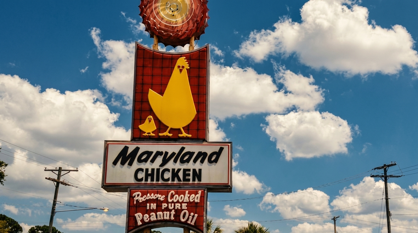 Maryland Chicken restaurant sign with a yellow chicken and chick against a blue sky with clouds.
