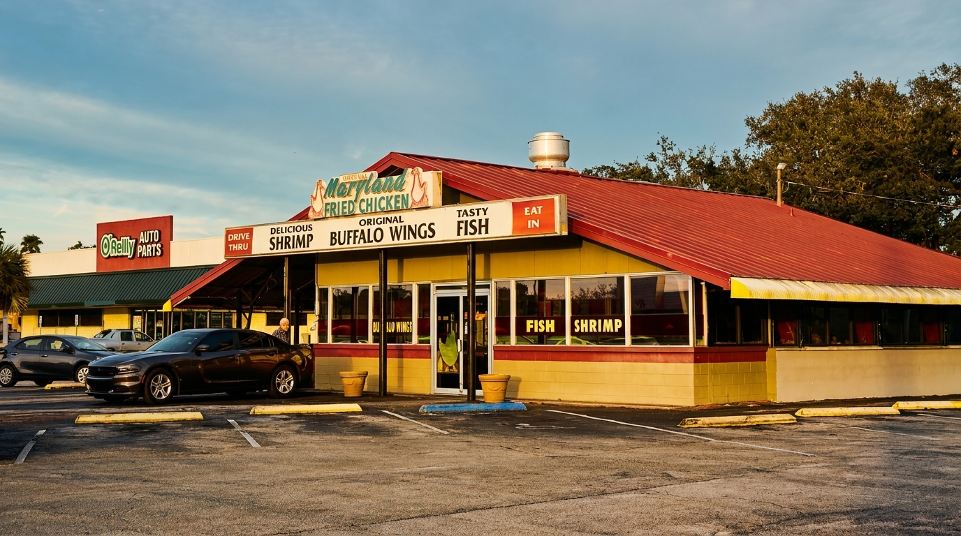 Maryland Fried Chicken restaurant with a red roof, yellow walls, and a parking lot at sunset.