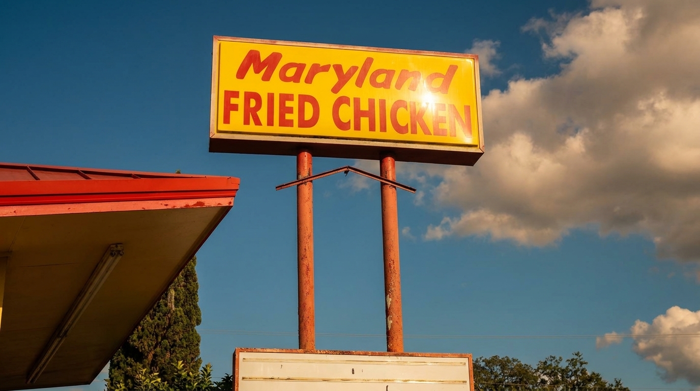 A yellow and red "Maryland Fried Chicken" sign stands against a bright blue sky with white clouds.