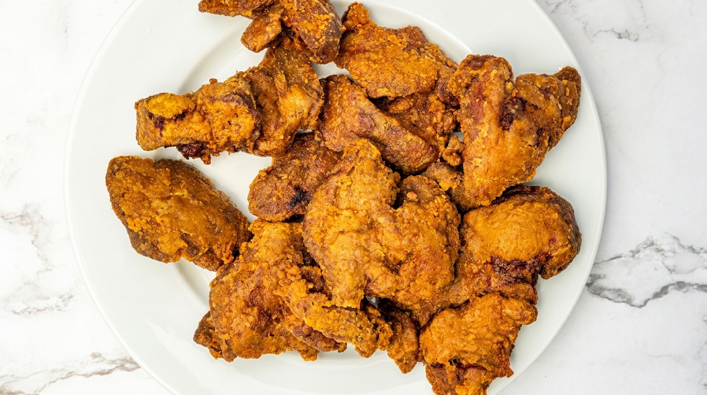 A white plate piled high with crispy, golden-brown fried chicken pieces on a marble surface.